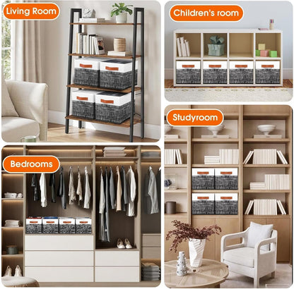 Fab totes Collapsible Storage Baskets for Shelves,14"x10", Foldable Fabric Storage Bins with Double Leather Handles, Large Baskets for Organizing Books, Clothes, White & Grey