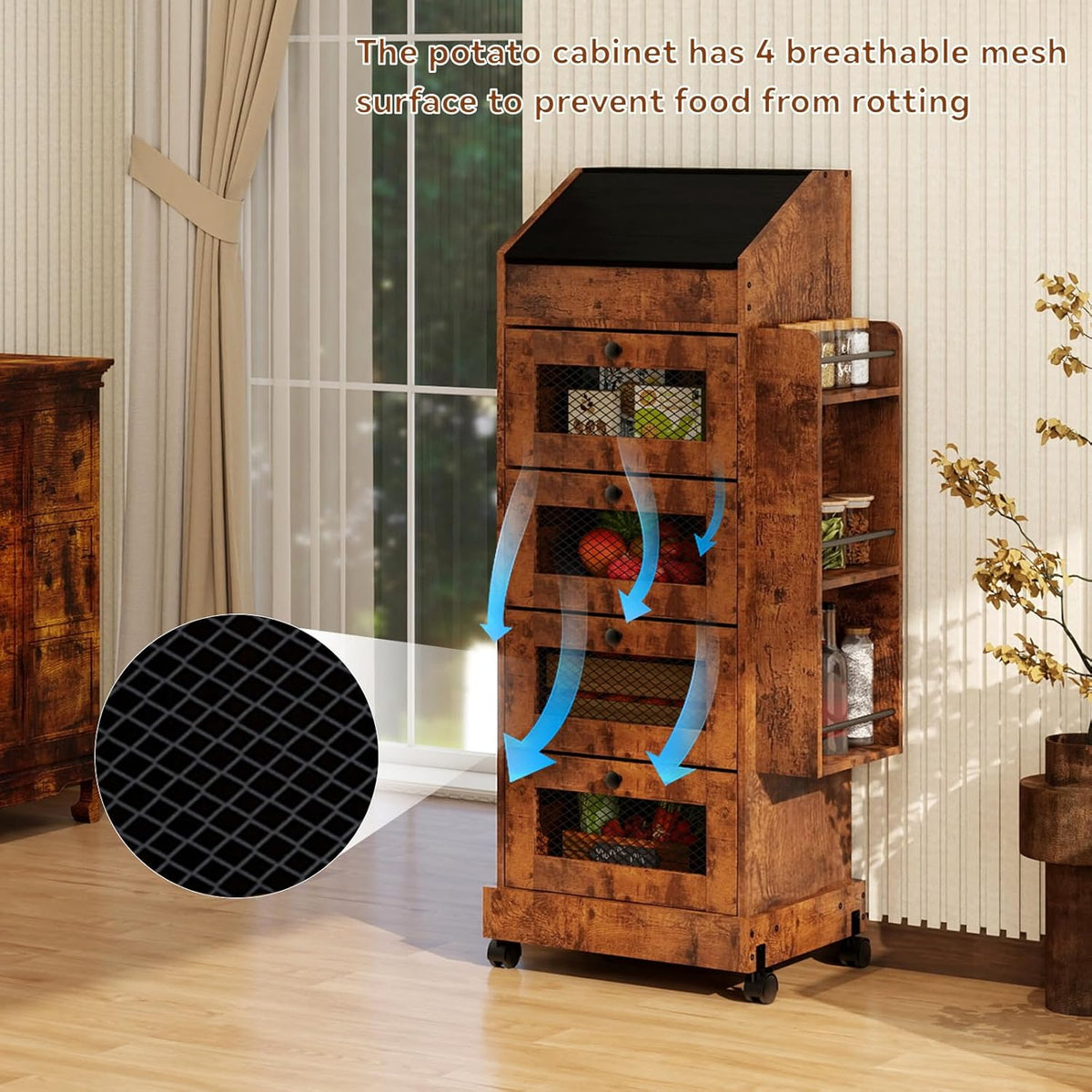 ARTETHYS Potato and Onion Storage Bin for Pantry 5-Tier Rolling Fruit and Vegetable Organizer with Spice Rack on Wheels Movable Large Bread Box Cabinet with 4 Ventilated Drawers for Kitchen, Rustic