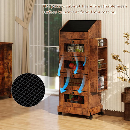 ARTETHYS Potato and Onion Storage Bin for Pantry 5-Tier Rolling Fruit and Vegetable Organizer with Spice Rack on Wheels Movable Large Bread Box Cabinet with 4 Ventilated Drawers for Kitchen, Rustic