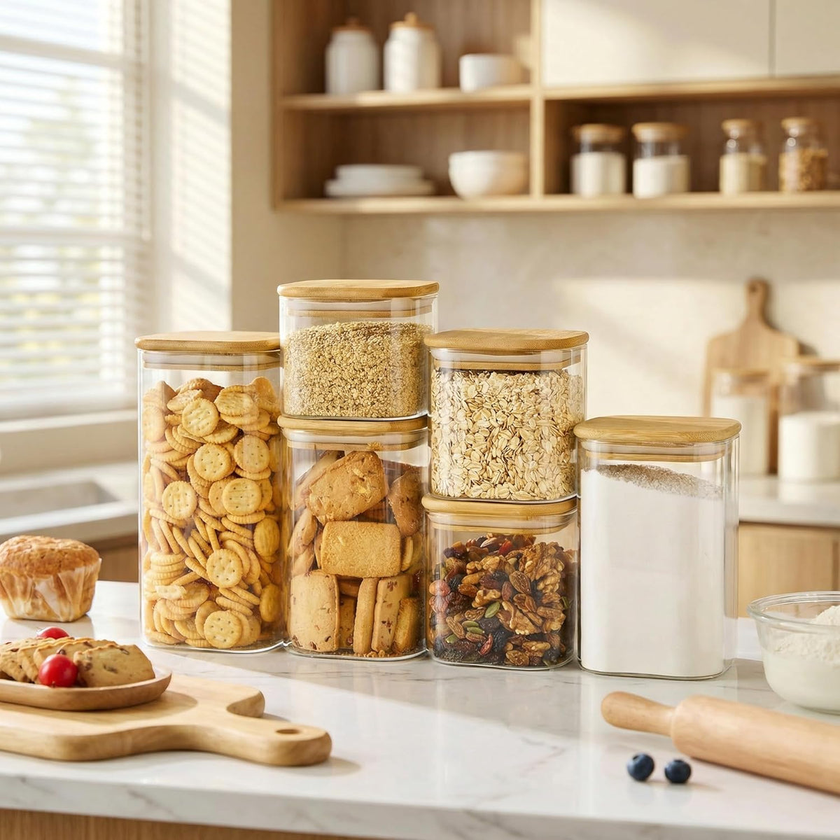 Extra Large Square Glass Flour & Sugar Storage Containers with Airtight Lids, 168 floz - Glass Jars with Bamboo Lids for Pantry, Air tight Food Storage Containers for Cereal, Pasta, Rice