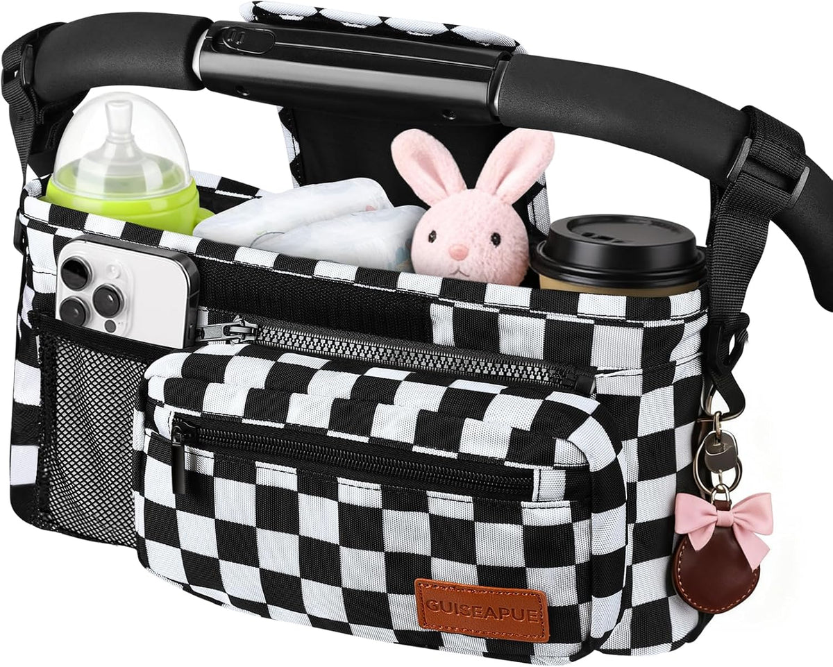 Guiseapue Universal Stroller Organizer with Cup Holder: Baby Essentials, Stroller Caddy Accessories with Detachable Phone Bag, Non-Slip Straps, Fits for Uppababy, Baby Jogger, New Moms Baby Gifts