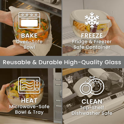 Bentgo Glass Prints Salad Container - 7.6-Cup Tinted Glass Salad Bowl with Airtight Lid, Leak-Proof Sauce Container, 4-Compartment Bento Meal Prep Tray & Reusable Fork (Floral Maximalist - Sea)