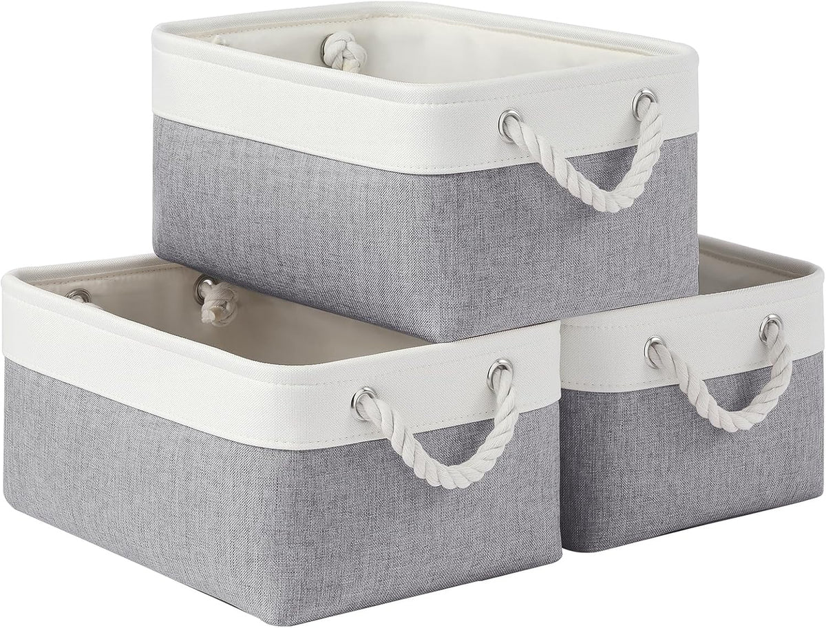 Large Storage Baskets- 15.7x11.8x8.26 inch Storage Bins for Shelves and Closet Organizing, Foldable Fabric Bin for Home Organization Clothes and Laundry (3-Pack, White&Khaki)