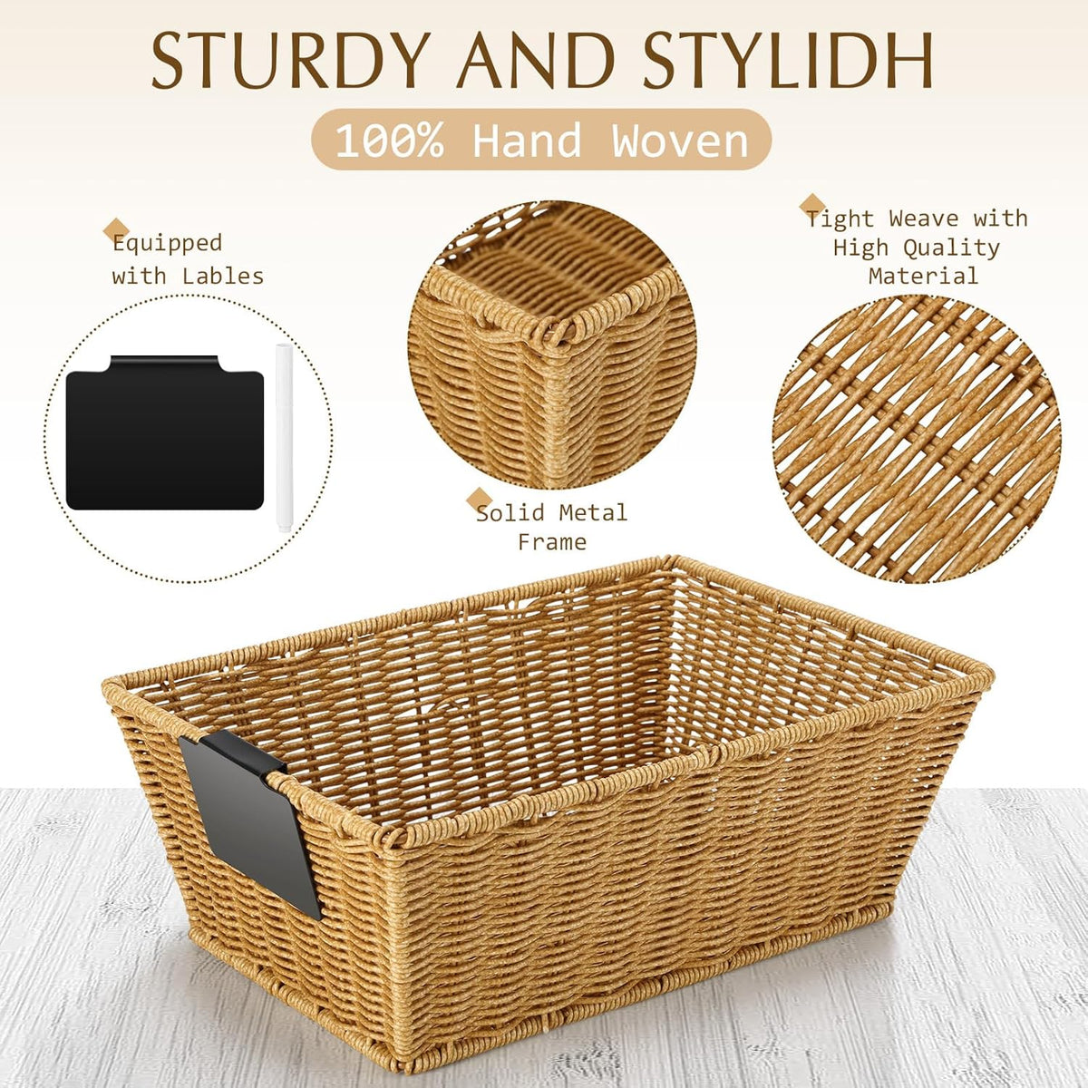 Marsui 6 Pcs Wicker Storage Baskets with Labels Handwoven Multi-size Brown Wicker Storage Bins for Organizing Small Baskets Container for Shelves Closet Pantry Toilet(Brown )