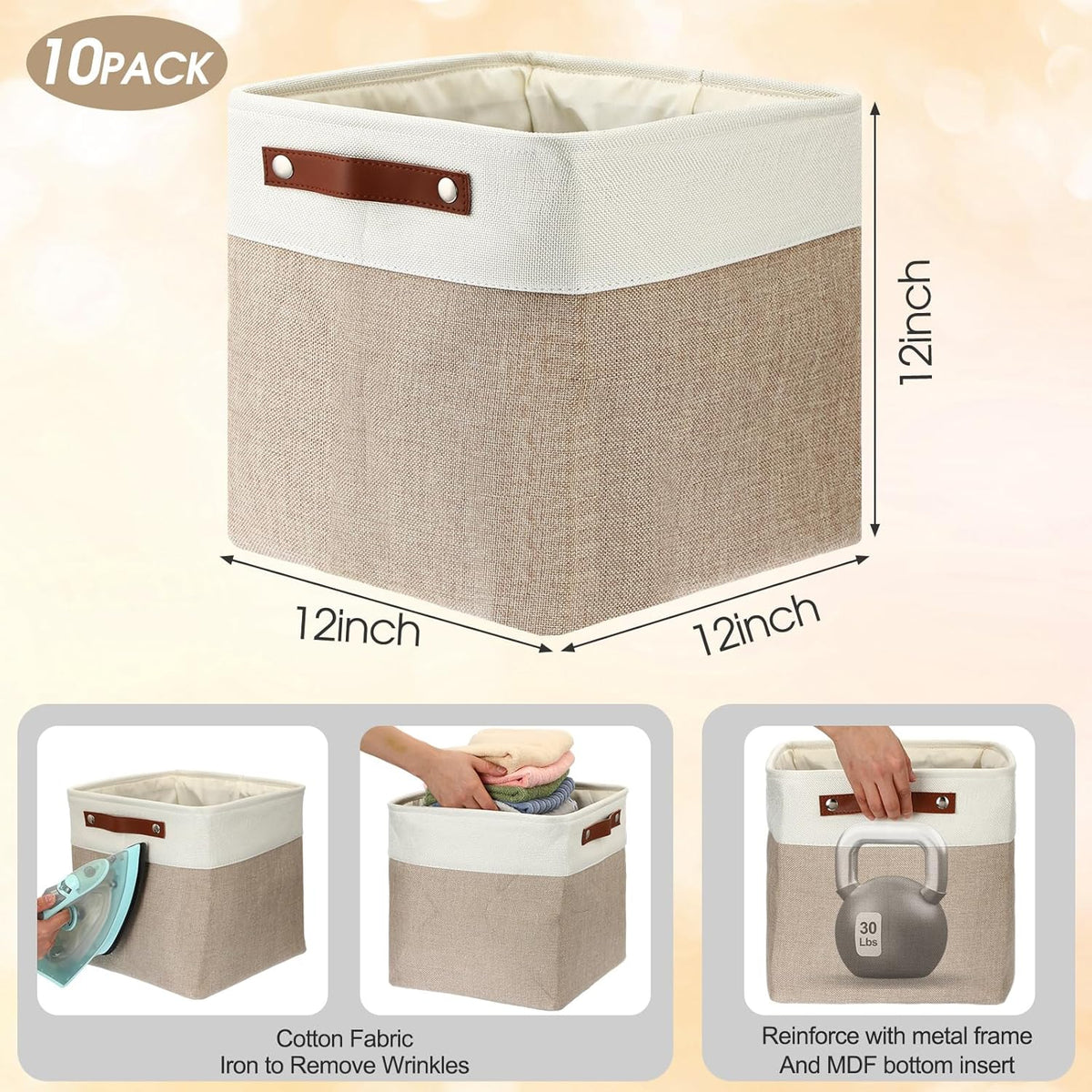 Uiifan 10 Pcs Collapsible Storage Bins Fabric Foldable Storage Basket with Handles Cloth Organizer Linen Shelf Baskets for Shelves Home Closet Nursery Toys(16 x 12 x 10 Inch,Gray and White)