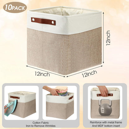 Uiifan 10 Pcs Collapsible Storage Bins Fabric Foldable Storage Basket with Handles Cloth Organizer Linen Shelf Baskets for Shelves Home Closet Nursery Toys(16 x 12 x 10 Inch,Gray and White)