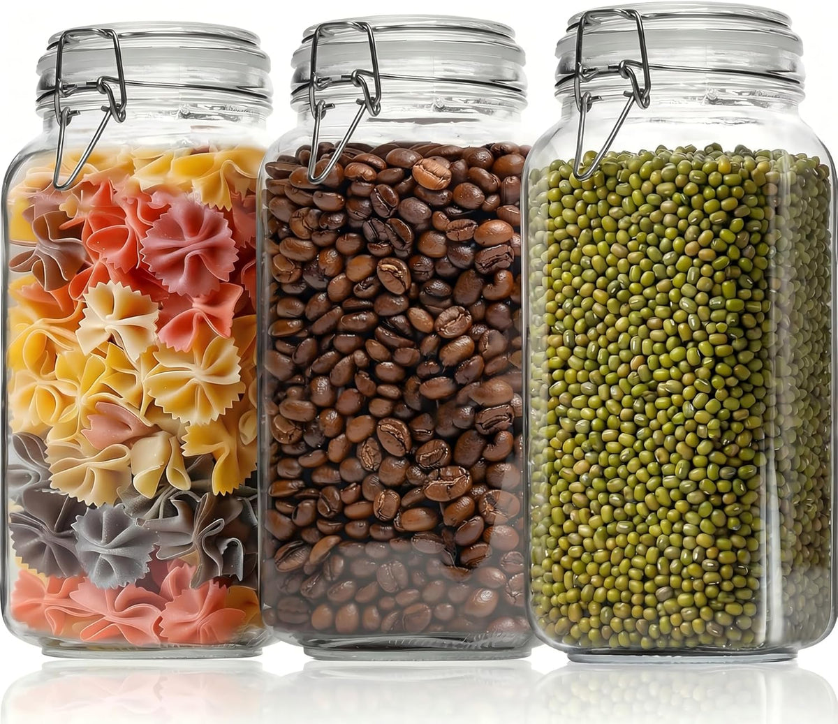 78oz - 3 Pack Square Glass Jars with Airtight Lid, Wide Mouth Mason Jars with Clamp Lids, Air Tight Glass Canisters, Best Food Storage Containers for Flour, Sugar, Cereal, Pasta, Rice, Coffee, Spice