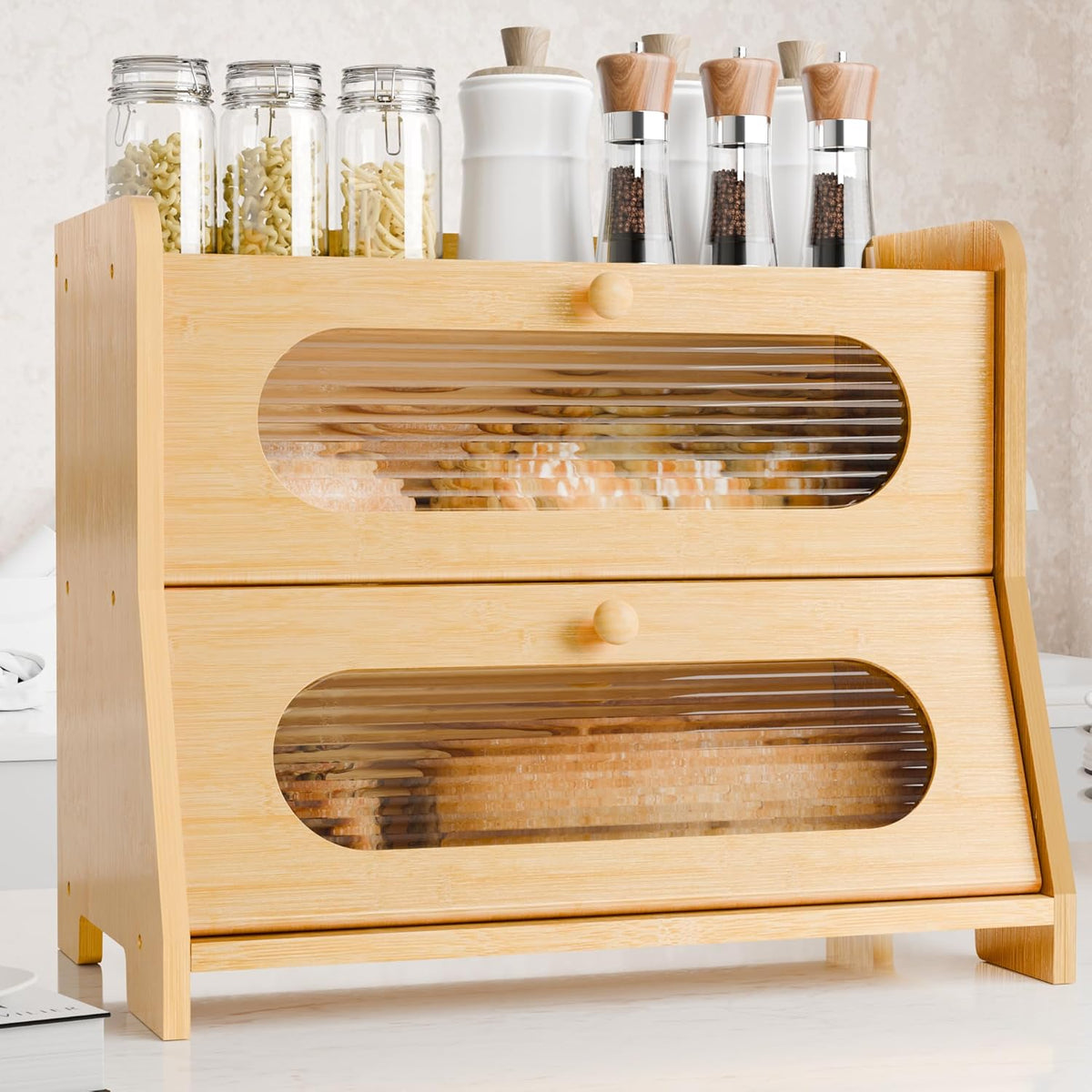 Bread Box,Extra Large 2-Tier Bamboo Bread Box for Kitchen Countertop,Bread Storage Container with Magnetic Acrylic Door for Homemade Bread,Under Cabinet,Pantry Organizer(Natural)