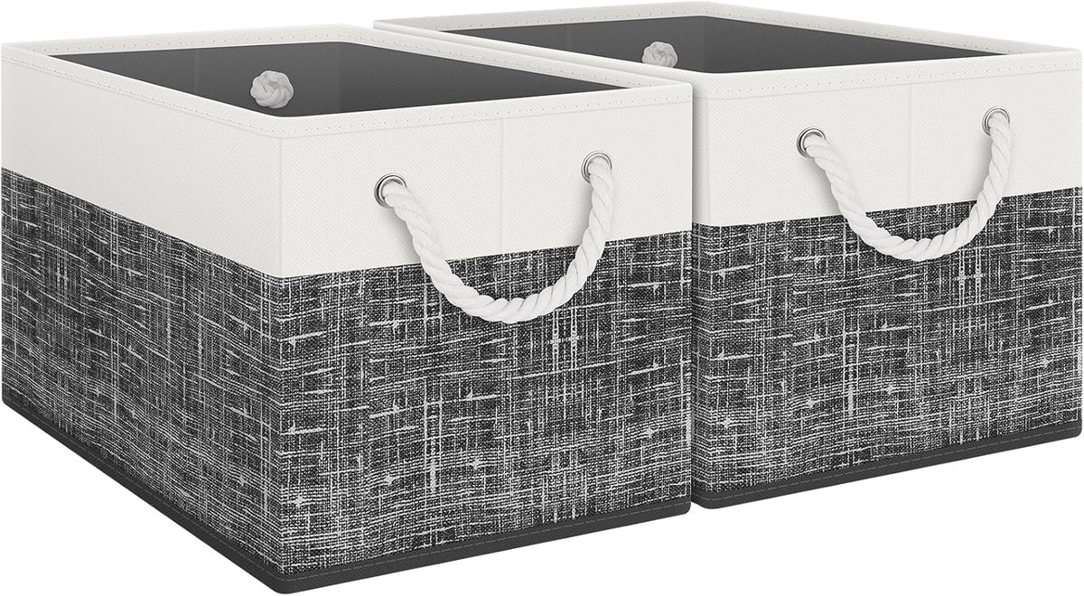 Fab totes Storage Bins, Foldable Storage Baskets for Organizing Toys, Books, Shelves, Closet, Large Storage Box with Rope Handles, Sturdy Organizer Bins, White & Grey