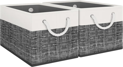 Fab totes Storage Bins, Foldable Storage Baskets for Organizing Toys, Books, Shelves, Closet, Large Storage Box with Rope Handles, Sturdy Organizer Bins, White & Grey