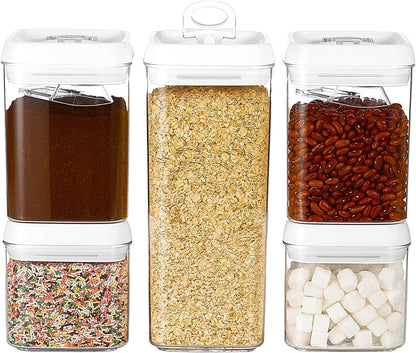 Felli Flip Tite Storage Container with Built-In Spoon & Airtight Lid 5” Large-M Ring Flip Top, Stackable Acrylic Canister for Sugar Flour Powder, Kitchen Pantry Organizer (1.8qt), 2 spoons