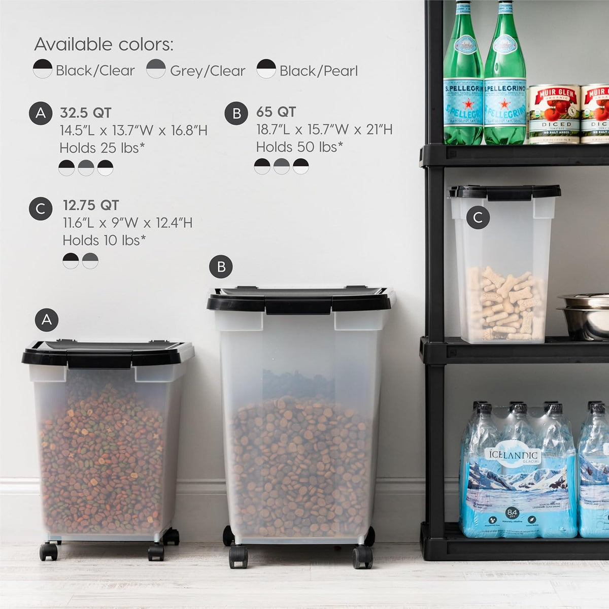 IRIS USA Airtight Dog Food Storage Container, WeatherPro, Up to 50 lbs, Removable Wheels, for Dog Cat Bird and Other Pet Food Storage Bin, Keep Fresh, Translucent Body, Made in USA, Clear/Gray