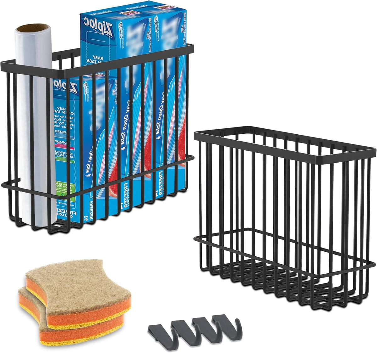 Cabinet Door Organizer Basket 2 Pack, Foil and Plastic Wrap Organizer with 2 Sponges, Lid Organizers Inside Cabinet, Metal Basket for Kitchen Organizers and Storage, Utility, Black (Medium,Large)