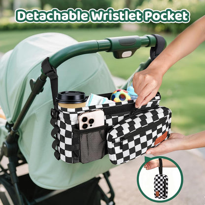 Guiseapue Universal Stroller Organizer with Cup Holder: Baby Essentials, Stroller Caddy Accessories with Detachable Phone Bag, Non-Slip Straps, Fits for Uppababy, Baby Jogger, New Moms Baby Gifts
