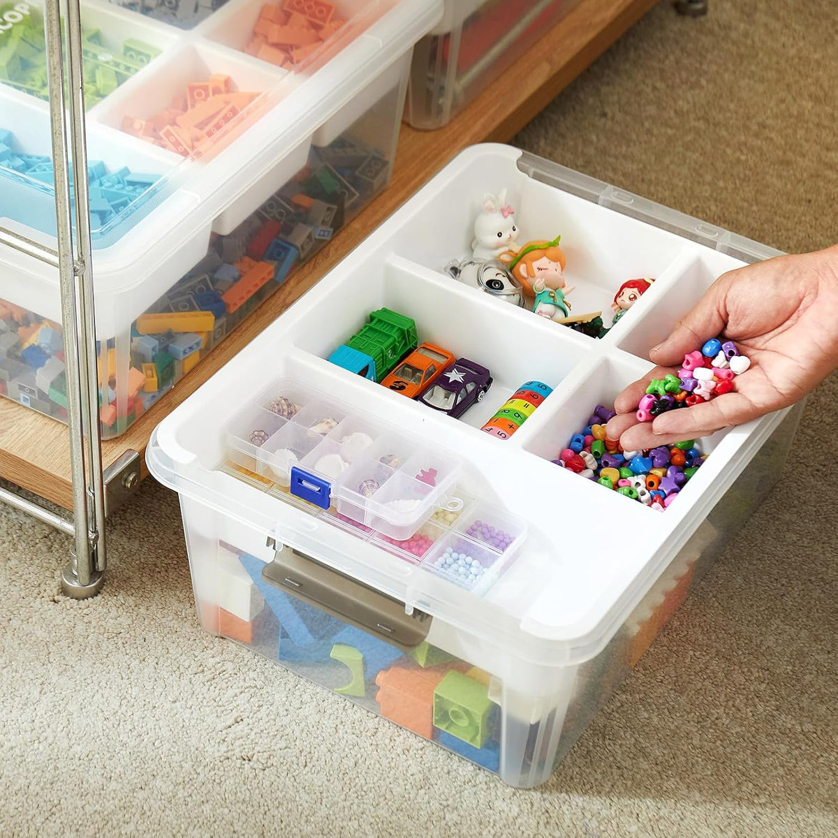 MACOPRO 17 QT Plastic Storage Box with Removable Tray, Bins with Lids, Clear Storage Container for Craft Supplies, Beads, Tools, Sewing, and Playdoh Organization (White, -17QT)