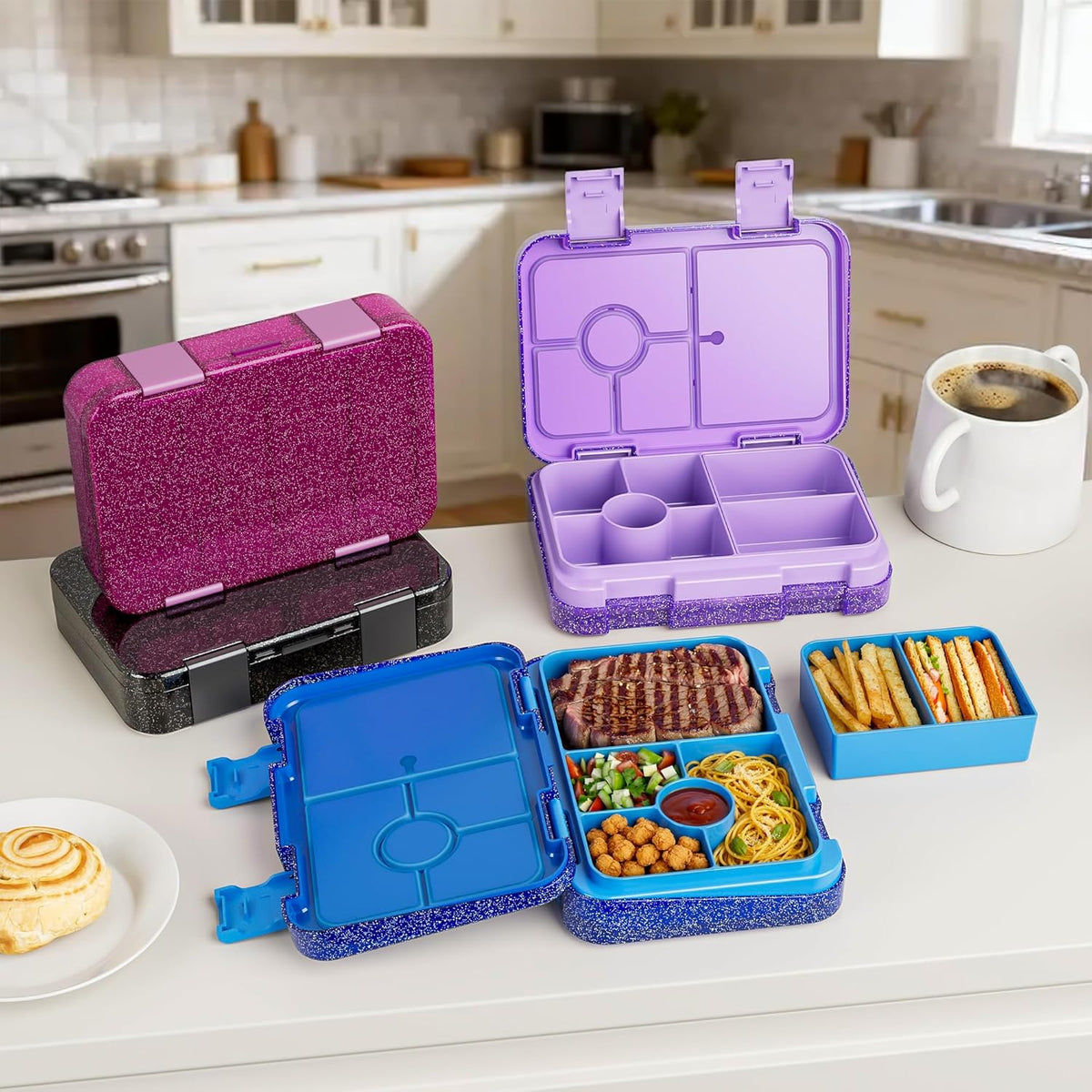 Bento Lunch Box for Kids, 6 Compartments BPA Free, Dishwasher Safe Back to School Snack Bento Lunch Containers Boxes, Ideal Portion Sizes for On-the-Go Meal, Ages 3+, School, Green Patterned