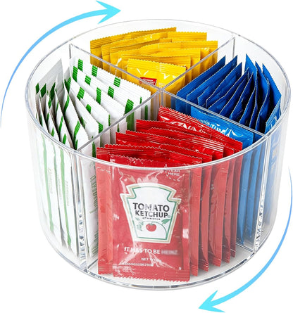 Sauce Packet Organizer with 360° Turntable, for Ketchup Packets,mayo packets,Hot Sauce,Seasoning,Drink Packet, Clear Sauce Packet Holder with Dividers