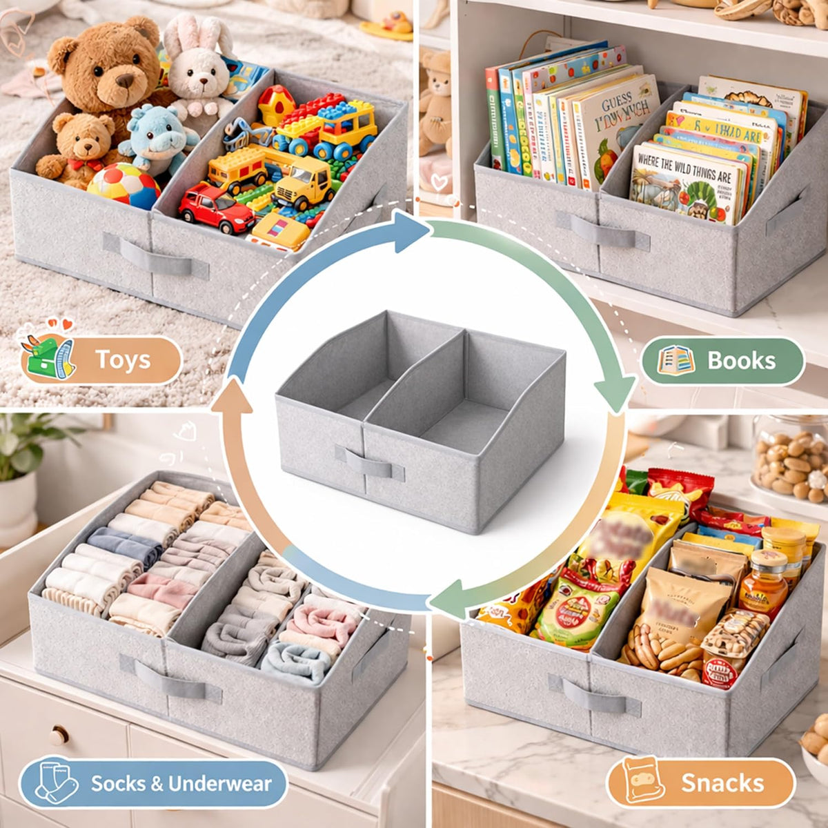 3 Pack Snack Organizer for Countertop, Larger Compartments Hold More, Fabric Snack Organizer Bins with Handles, Sturdy Reinforced Design for Pantry, Cabinet, Living Room & Game Room