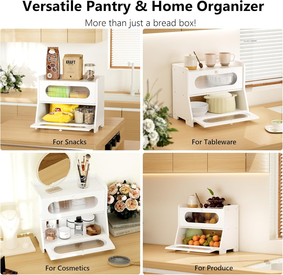 Bread Box,Extra Large 2-Tier Bamboo Bread Box for Kitchen Countertop,Bread Storage Container with Magnetic Acrylic Door for Homemade Bread,Under Cabinet,Pantry Organizer(Natural)