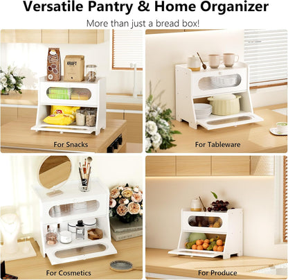 Bread Box,Extra Large 2-Tier Bamboo Bread Box for Kitchen Countertop,Bread Storage Container with Magnetic Acrylic Door for Homemade Bread,Under Cabinet,Pantry Organizer(Natural)