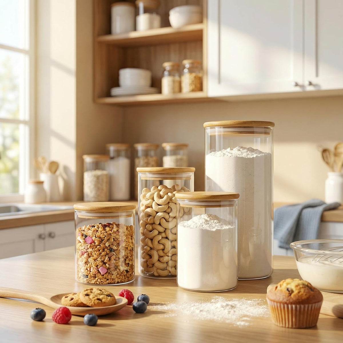 32oz - Glass Jars with Bamboo Lids, Glass Pantry Storage Containers with Airtight Lids, Round Air Tigh Food Storage Canisters for Cereal, Pasta, Flour, Sugar, Rice, Best for Kitchen Organizer