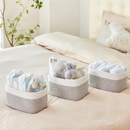 R RUNKA Small Cotton Rope Basket – Storage Bin for Organizing (10.6" x 6.7" x 6.7"), Bathroom Storage Basket for Shelf, Counter & Closet（Beige）