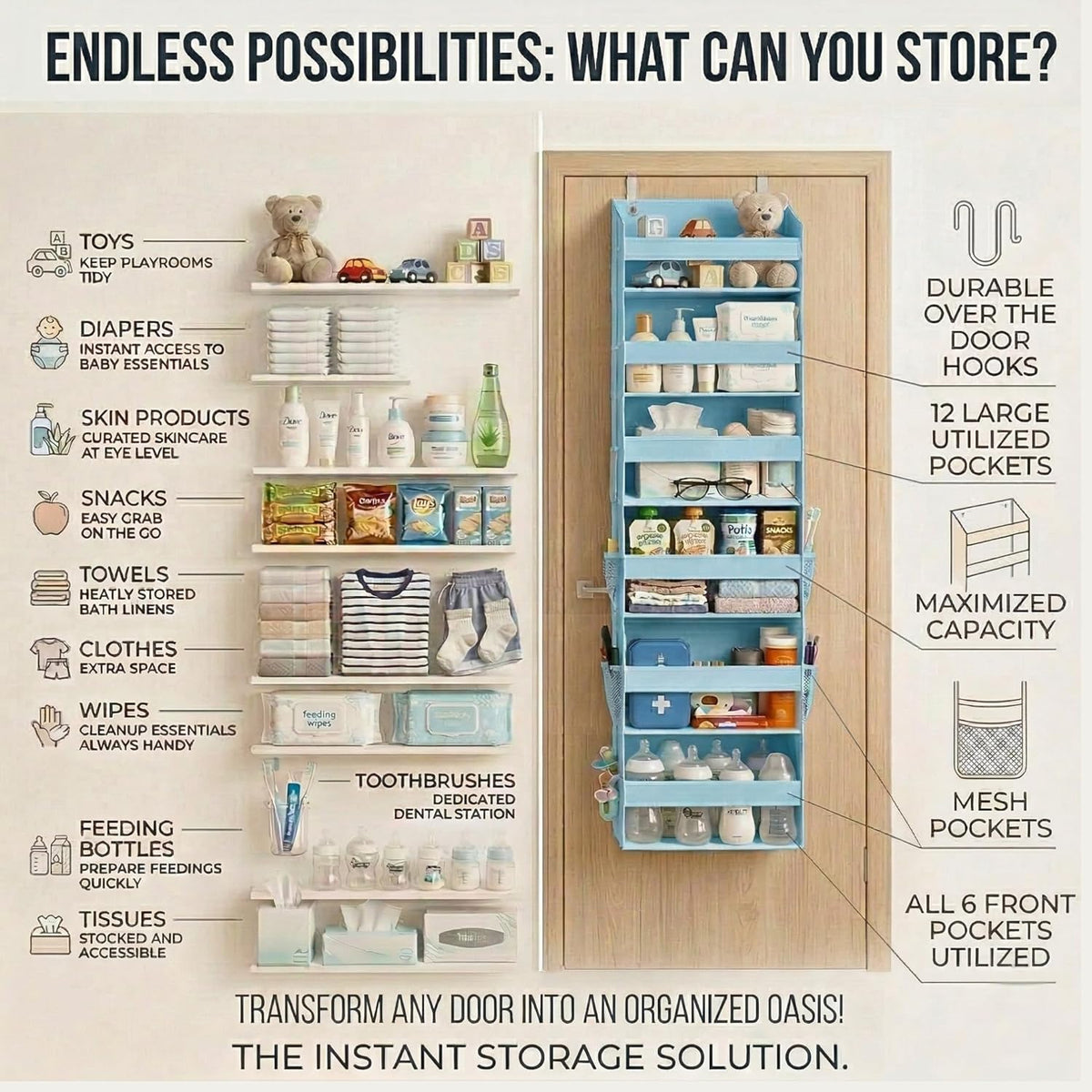HOMELUX THEORY UPGRADED 6 Tiers Over The Door Organizer Hanging - 100D EXTRA THICK & 50lbs HUGE CAPACITY, 12 Side Mesh Pockets Over The Door Shoe Organizer, Hanging Closet Organizer (Ivory, 1pc)