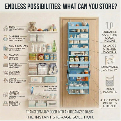 HOMELUX THEORY UPGRADED 6 Tiers Over The Door Organizer Hanging - 100D EXTRA THICK & 50lbs HUGE CAPACITY, 12 Side Mesh Pockets Over The Door Shoe Organizer, Hanging Closet Organizer (Ivory, 1pc)
