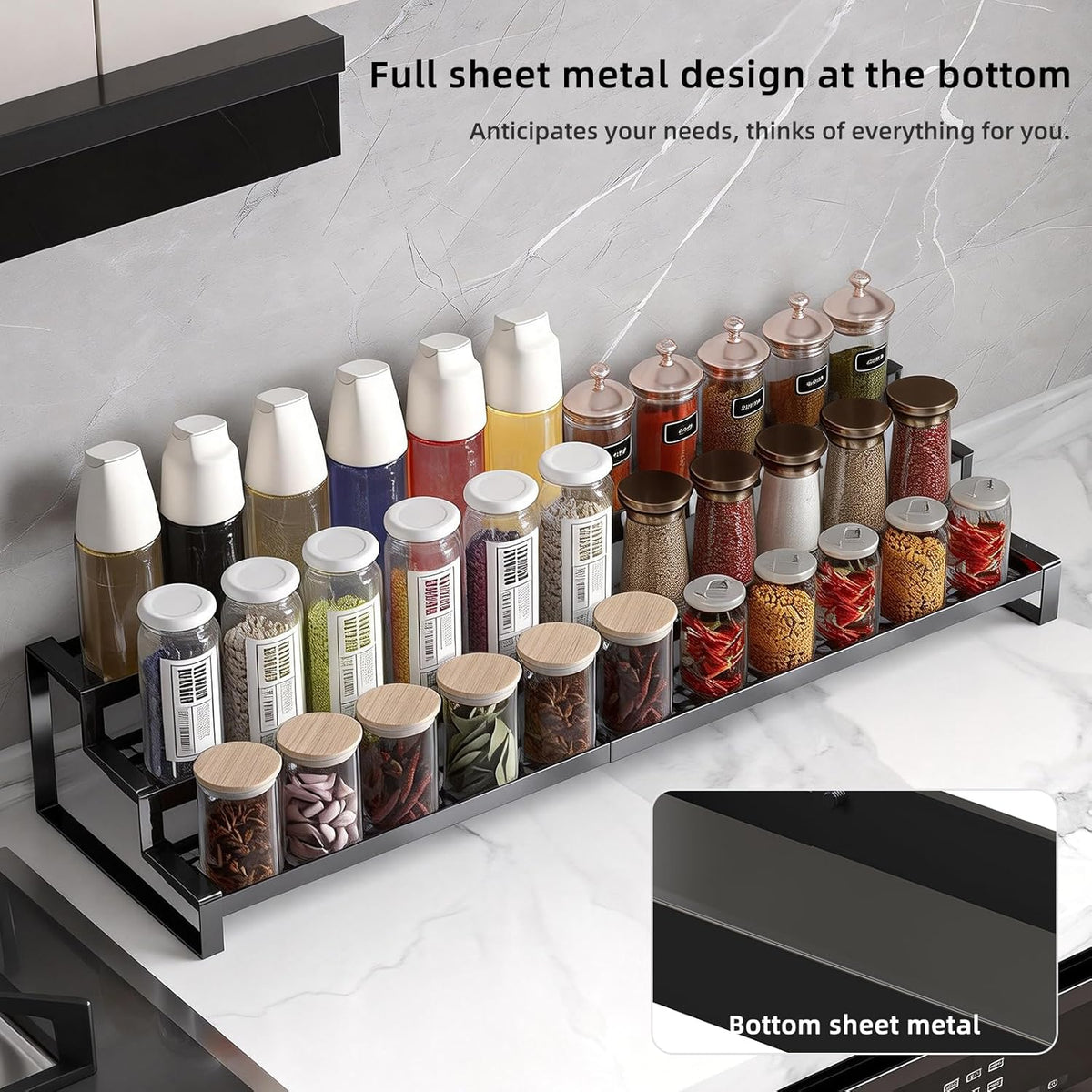 3 Tier Expandable Spice Rack Organizer, Heavy-Duty Black Metal Seasoning Organization Shelf for Cabinet, Kitchen & Pantry, Tiered Spice Shelf With Safety Lock, For Jars & Bottles, Countertop Storage