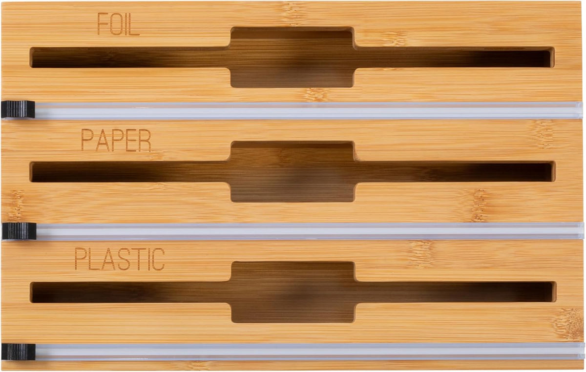 Honey Can Do 3-In-1 Bamboo Food Wrap Organizer With Safety Cutter | Plastic, Wax, Paper and Foil Holder KCH-09858 Natural