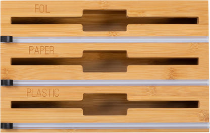 Honey Can Do 3-In-1 Bamboo Food Wrap Organizer With Safety Cutter | Plastic, Wax, Paper and Foil Holder KCH-09858 Natural
