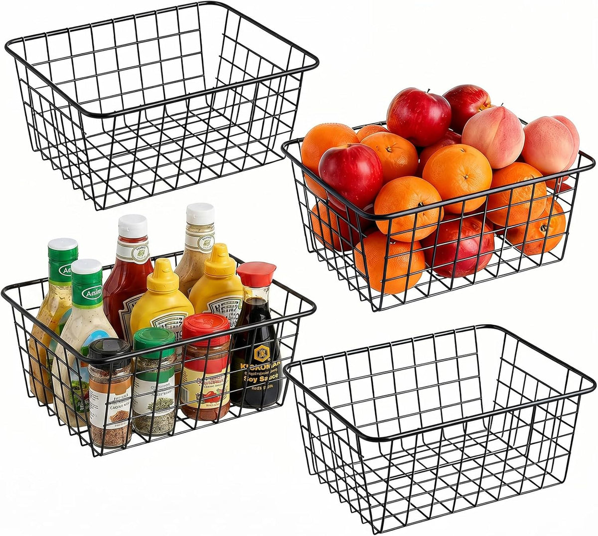4 Pack White Wire Baskets for Pantry, 11" Upright Wire Freezer Storage Bins with Handles, Small White Metal Storage Basket for Freezer Organizing Office Kitchen Closets