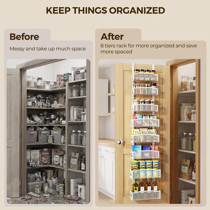 Delamu 8 Tier Over the Door Pantry Organizer, 2in1 Hanging or Wall Mount Spice Rack Seasoning, Adjustable Heavy-Duty Narrow Pantry Door Organizer and Storage for Kitchen Cabinet and Bathroom,12" White