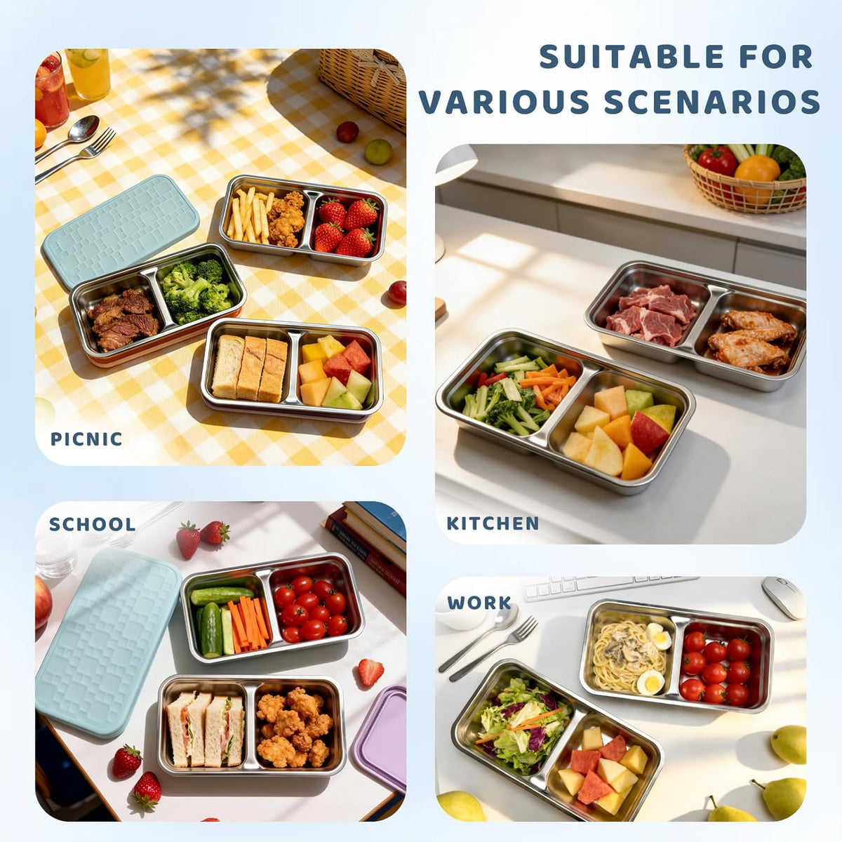 3 Pack 15 oz Stainless Steel Snack Containers for Kids, Reusable Metal Snack Containers with Silicone Lids, 2 Compartment Stackable Metal Toddler Lunch Box for Daycare, School and Outdoor