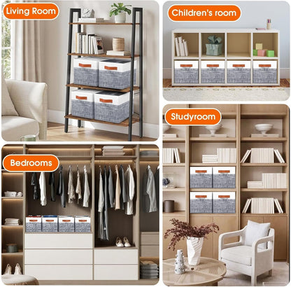 Fab totes Collapsible Storage Baskets for Shelves,14"x10", Foldable Fabric Storage Bins with Double Leather Handles, Large Baskets for Organizing Books, Clothes, White & Grey