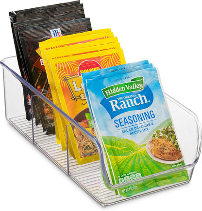 Set Of 4 Food Storage Organizer Bins - Divided 3 Compartment Kitchen Pantry Fridge Organizers for Food Packets, Seasoning, Spices, Sauce Packets, Pouches, Snacks - Clear Plastic Storage Rack