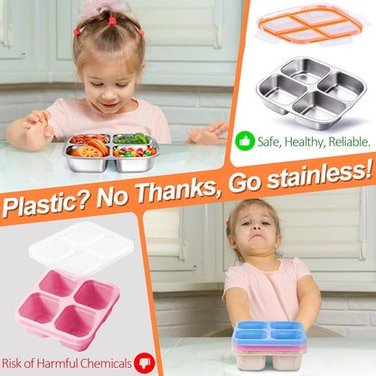 KTKUDY Stainless Steel Snack Containers - Divided Bento Snack Box - 4 Compartment Meal Prep Lunch Containers for Kids Daycare, School, Work, Travel