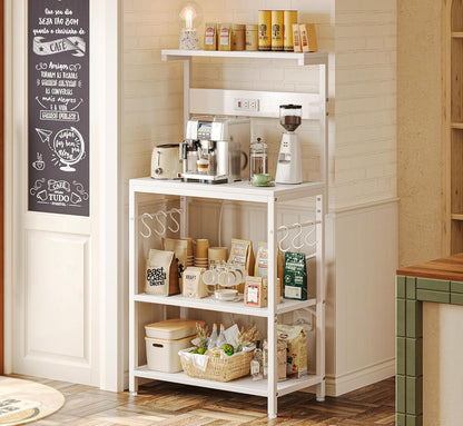 SUPERJARE Kitchen Bakers Rack with Power Outlet, Coffee Bar Table 4 Tiers, Kitchen Microwave Stand with 6 S-shaped Hooks, Storage Shelf Rack for Spices, Pots and Pans - Rustic Brown