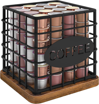YATINEY Coffee Pod Holder for K Cup, Large Capacity Coffee Pod Organizer, Versatile Coffee Capsule Storage Basket with Wooden Base, White KH10WN
