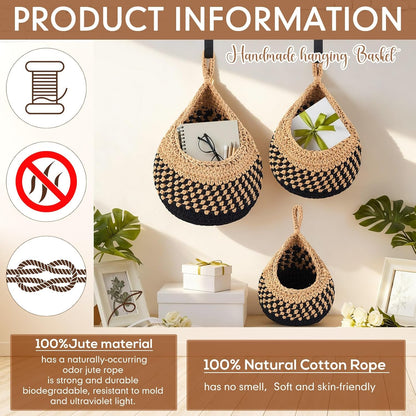 Honeydak Boho Decor Hanging Wall Baskets for Kitchen 3 Pack Teardrop Baskets with Hooks Storage Fruit Onion Vegetable Potato for Home 3 Sizes(Linen,Teardrop,Jute)
