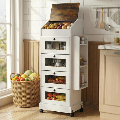 ARTETHYS Potato and Onion Storage Bin for Pantry 5-Tier Rolling Fruit and Vegetable Organizer with Spice Rack on Wheels Movable Large Bread Box Cabinet with 4 Ventilated Drawers for Kitchen, Rustic