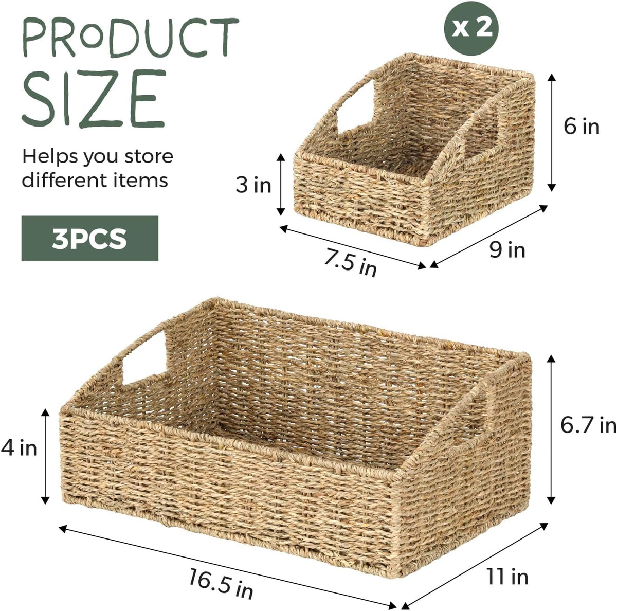 Set of 3 Handwoven Storage Baskets – Decorative Natural Wicker Organizer Bins with Built-in Handles for Bathroom, Kitchen, Pantry, Nursery, Closet, Laundry, Living Room, and Home Use