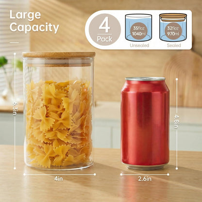 32oz - Glass Jars with Bamboo Lids, Glass Pantry Storage Containers with Airtight Lids, Round Air Tigh Food Storage Canisters for Cereal, Pasta, Flour, Sugar, Rice, Best for Kitchen Organizer
