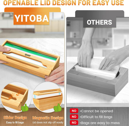 6 In 1 Bag Storage Organizer with Foil and Plastic Wrap Organizer, Extended Aluminum Foil Dispenser, Bamboo Baggie Organizer for Drawer, Sandwich Bag Organizer for Gallon, Quart, Snack