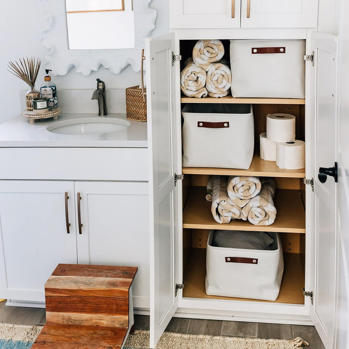 OrganiHaus 12x8in Canvas Storage Baskets 3 Pack | SMALL Fabric Bins for Shelves | Pantry & Bathroom Organizer | Beige/Off-White