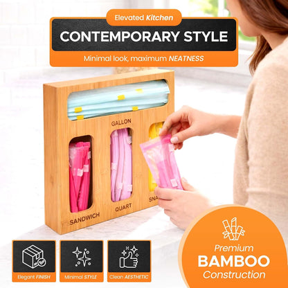Earth’s Dreams Bamboo Kitchen Drawer Organizer – Resealable Food Storage Bag Holder for Gallon, Quart, Sandwich & Snack Sizes – Eco-Friendly Baggie Organizer for Plastic Storage Bags