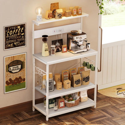 SUPERJARE Kitchen Bakers Rack with Power Outlet, Coffee Bar Table 4 Tiers, Kitchen Microwave Stand with 6 S-shaped Hooks, Storage Shelf Rack for Spices, Pots and Pans - Rustic Brown