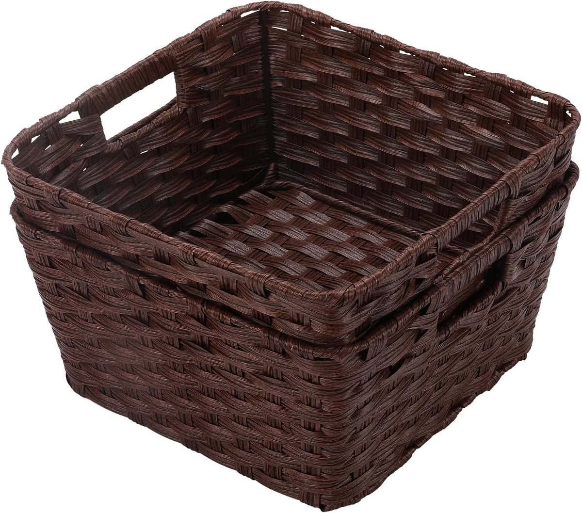 Onlytak Large Wicker Storage Basket, Metal Frame, Set of 2, Washable Waterproof, 15" x 10.3" x 5.2", Brown Color, Woven Basket for Pantry, Toilet, Bathroom, Bedroom, Patio