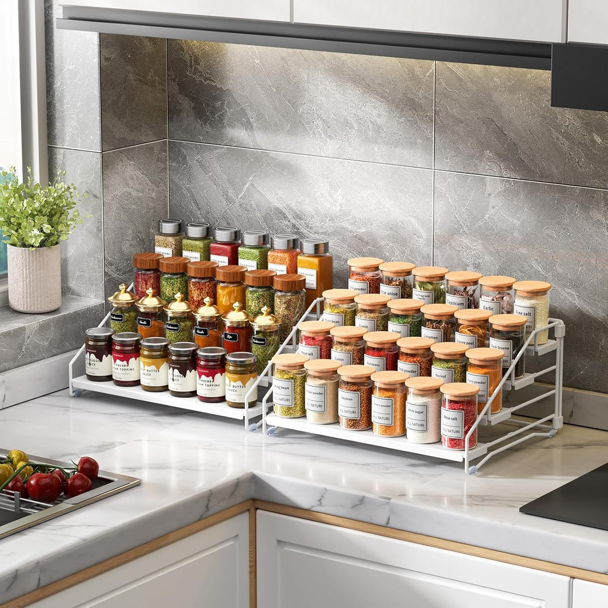 RCHYFEED Spice Rack Organizer for Cabinet Pantry,4 Tier Spice Rack Countertop, Depth Adjustable Spice Organization for Cabinet,Tierd Seasoning Organizer for Cabinet(Black) | for Cabinet Pantry