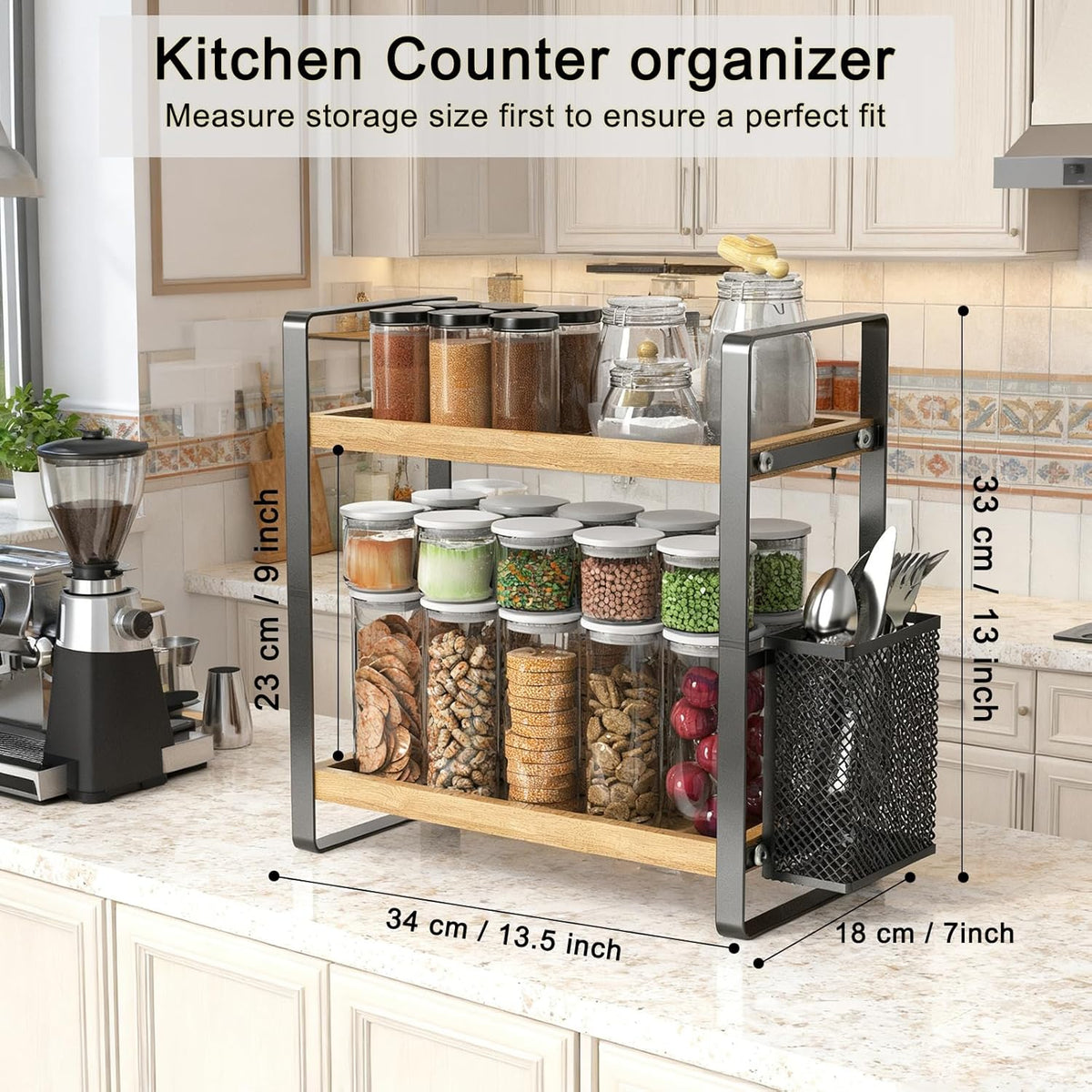 LEMIKKLE 2-Tier Coffee Bar Organizer With Basket,Wooden Counter Shelf for Coffee Bar Accessories,Kitchen Spice Rack Organizer for Countertop-Brown